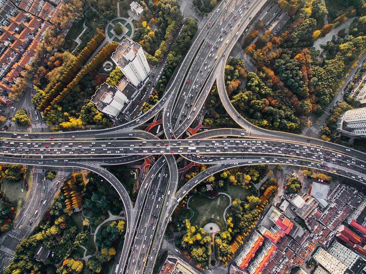 architecture, buildings, cars, city, cityscape, highway, infrastructure, roads, nature, traffic, trees, urban