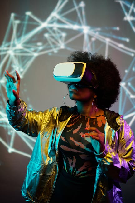 pexels-photo-4389890-4389890 Black woman wearing VR headset, exploring virtual metaverse with illuminated patterns.